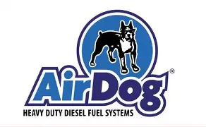 AirDog logo with dog illustration, blue background.