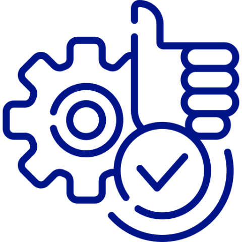 Gear, thumbs up, and check mark icon.