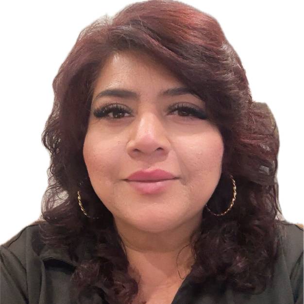 Portrait of a woman with curled hair and hoop earrings.