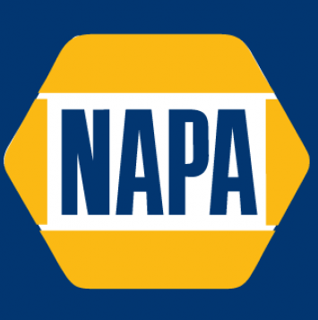 NAPA logo with bold letters on a blue and yellow hexagonal background.
